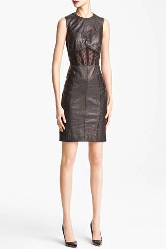 Genuine lambskin women's leather dress bodycon sleeveless mesh panel party wear