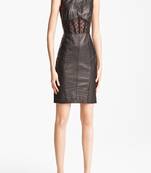 Genuine lambskin women's leather dress bodycon sleeveless mesh panel party wear