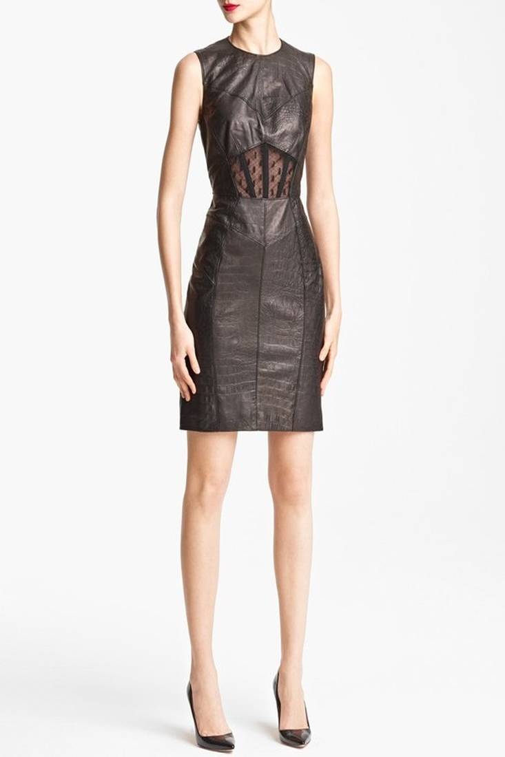 Genuine lambskin women's leather dress bodycon sleeveless mesh panel party wear