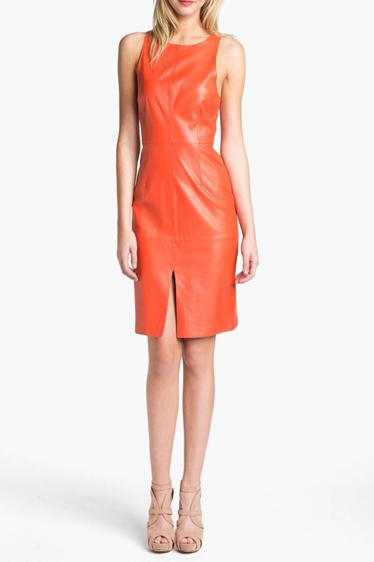 Genuine lambskin women's leather dress bodycon sleeveless party wear dress