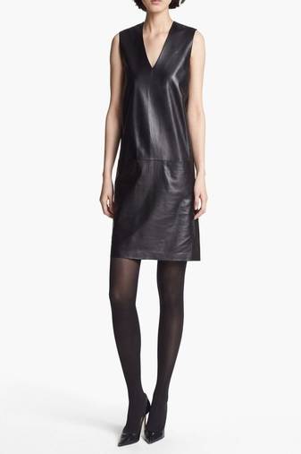 Genuine lambskin women's leather dress sleeveless party wear dress