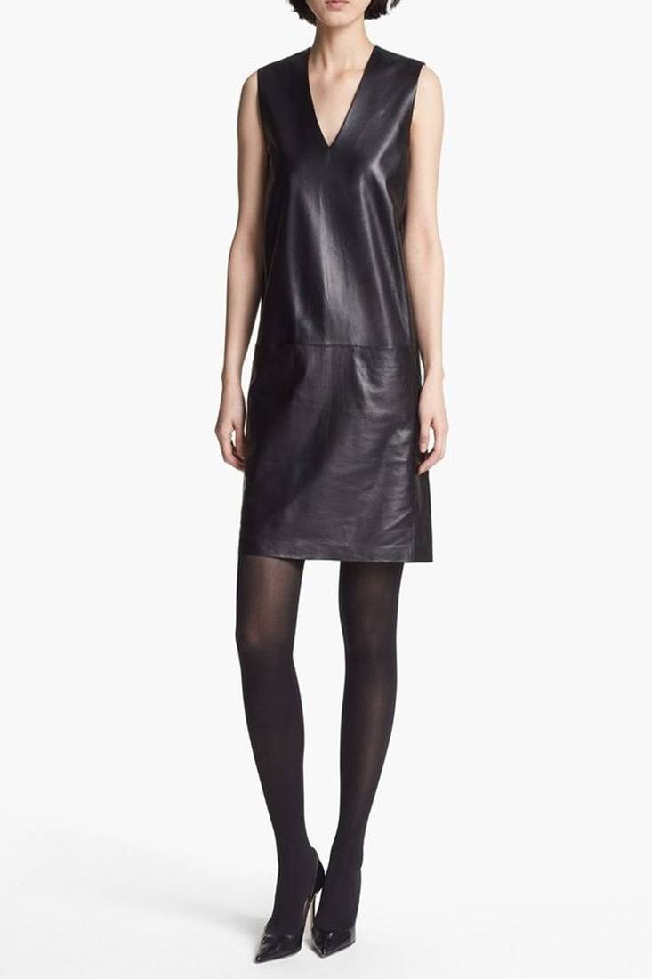 Genuine lambskin women's leather dress sleeveless party wear dress