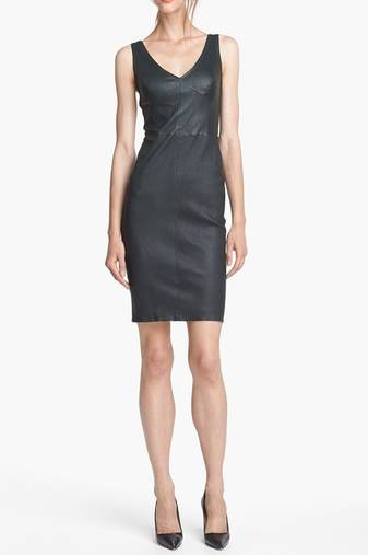 Genuine lambskin women's black leather dress sleeveless party wear dress