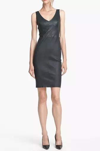 Genuine lambskin women's black leather dress sleeveless party wear dress