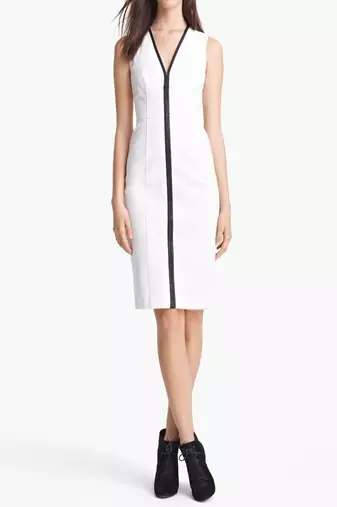 Genuine lambskin women's white leather dress sleeveless v-neck zip front dress
