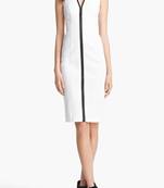 Genuine lambskin women's white leather dress sleeveless v-neck zip front dress