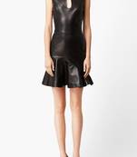 Genuine lambskin women's black leather dress fit & flare mini dress