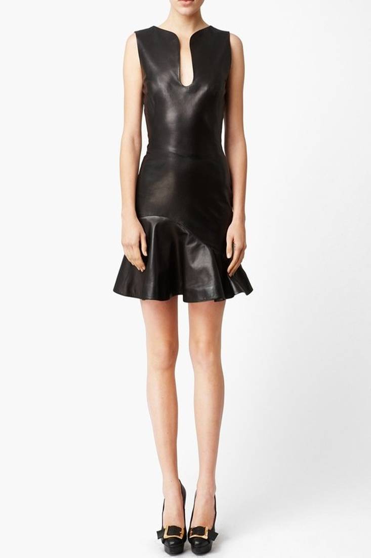 Genuine lambskin women's black leather dress fit & flare mini dress