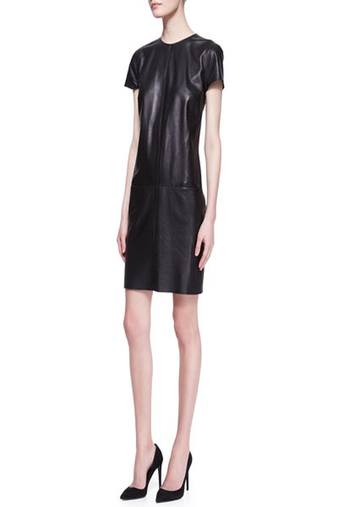 Genuine lambskin women's black leather dress short sleeve mini dress