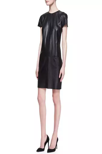 Genuine lambskin women's black leather dress short sleeve mini dress