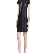 Genuine lambskin women's black leather dress short sleeve mini dress