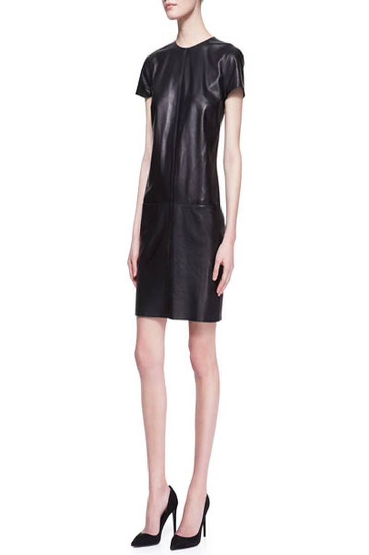 Genuine lambskin women's black leather dress short sleeve mini dress
