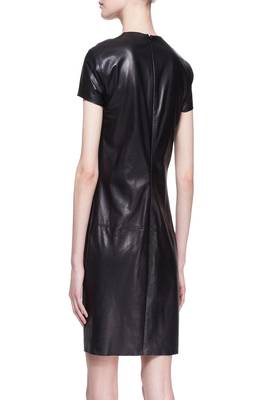 women's black lambskin mini leather dress short sleeve design 2