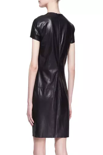 women's black lambskin mini leather dress short sleeve design