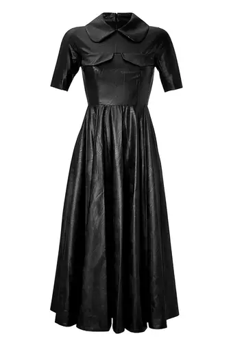 Genuine lambskin women's black leather dress fit & flare long dress