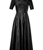 Genuine lambskin women's black leather dress fit & flare long dress
