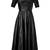 Genuine lambskin women's black leather dress fit & flare long dress