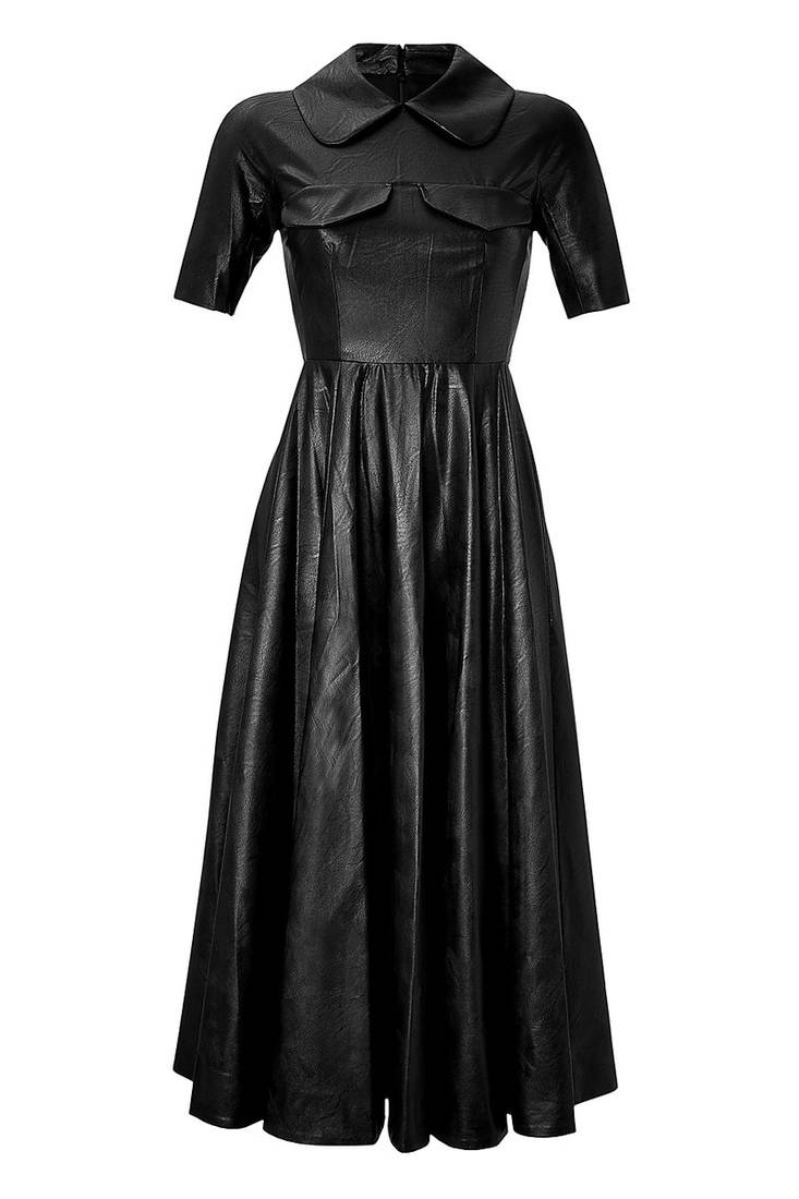 Genuine lambskin women's black leather dress fit & flare long dress