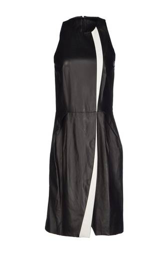 Genuine lambskin women's black leather dress cut-out panel sleeveles dress