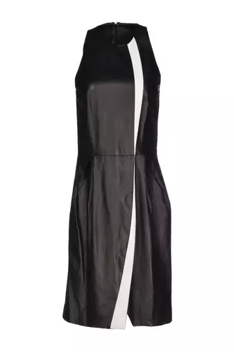 Genuine lambskin women's black leather dress cut-out panel sleeveles dress