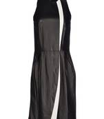 Genuine lambskin women's black leather dress cut-out panel sleeveles dress
