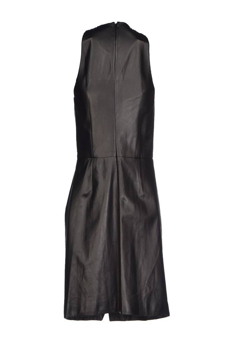 Genuine lambskin women's black leather dress cut-out panel sleeveles dress