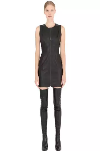 Genuine lambskin women's black leather dress sleeveless front zip party wear dress