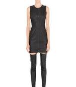 Genuine lambskin women's black leather dress sleeveless front zip party wear dress