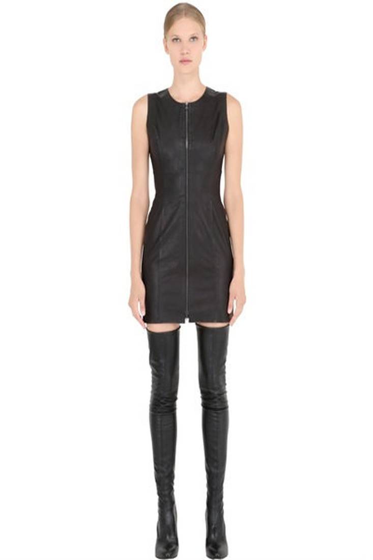 Genuine lambskin women's black leather dress sleeveless front zip party wear dress