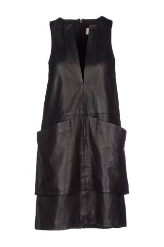 Genuine lambskin women's black leather dress sleeveless v-neck casual dress