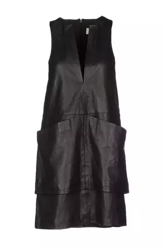 Genuine lambskin women's black leather dress sleeveless v-neck casual dress