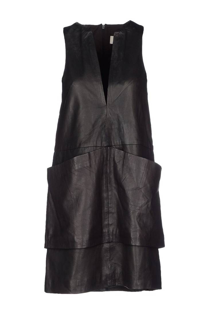 Genuine lambskin women's black leather dress sleeveless v-neck casual dress