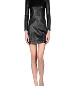 Genuine lambskin women's black leather dress long sleeve round neck dress