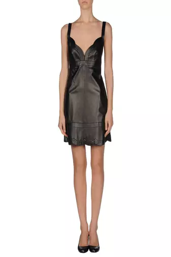 Genuine lambskin women's black leather dress sleeveless sweetheart neck dress