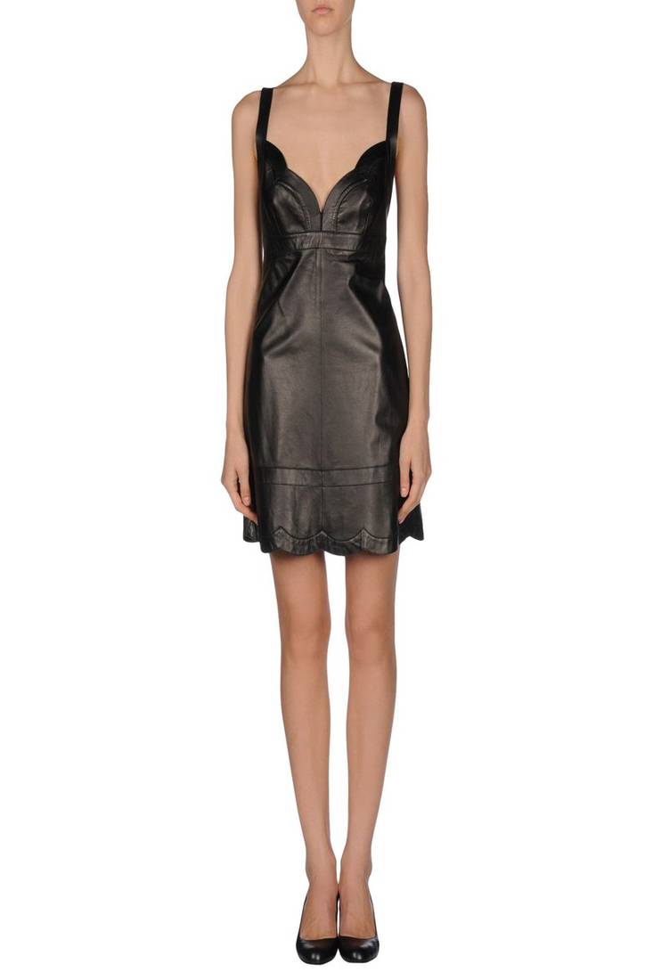 Genuine lambskin women's black leather dress sleeveless sweetheart neck dress