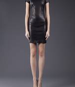 Genuine lambskin women's black leather dress short sleeve classic fit dress