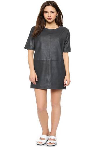Genuine lambskin women's black leather dress short sleeve casual loose fit dress