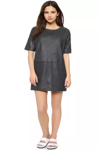 Genuine lambskin women's black leather dress short sleeve casual loose fit dress