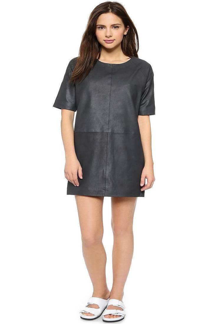 Genuine lambskin women's black leather dress short sleeve casual loose fit dress