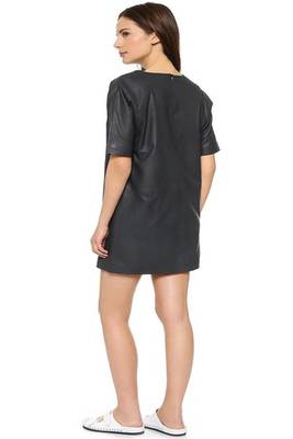 women's black lambskin leather dress short sleeve design premium 2