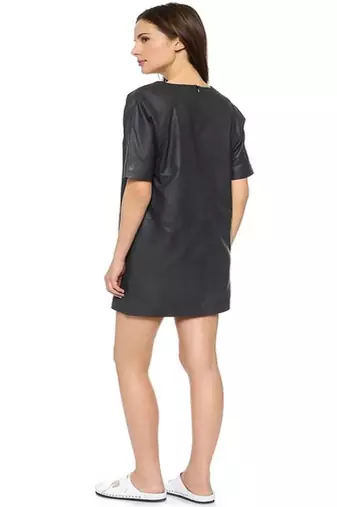 women's black lambskin leather dress short sleeve design premium