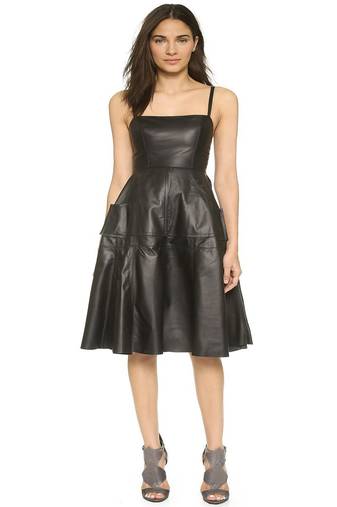 Women black soft lambskin leather dress strappy midi dress with flared hem