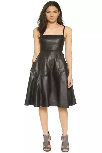 Women black soft lambskin leather dress strappy midi dress with flared hem