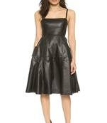 Women black soft lambskin leather dress strappy midi dress with flared hem