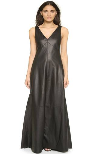 Women black soft lambskin leather dress sleeveless v-neck maxi dress