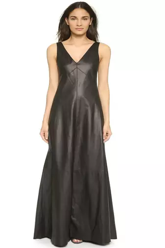 Women black soft lambskin leather dress sleeveless v-neck maxi dress