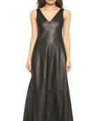 Women black soft lambskin leather dress sleeveless v-neck maxi dress