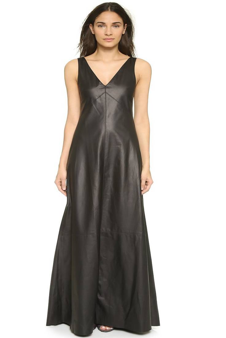 Women black soft lambskin leather dress sleeveless v-neck maxi dress