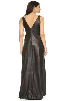 women's black lambskin maxi leather dress sleeveless cut 2