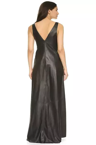 women's black lambskin maxi leather dress sleeveless cut